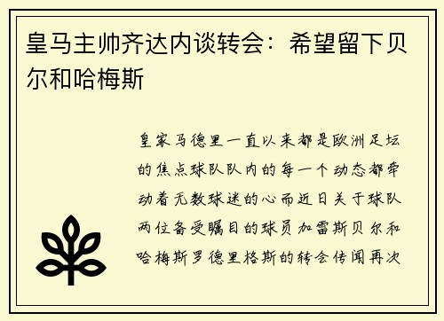 皇马主帅齐达内谈转会：希望留下贝尔和哈梅斯